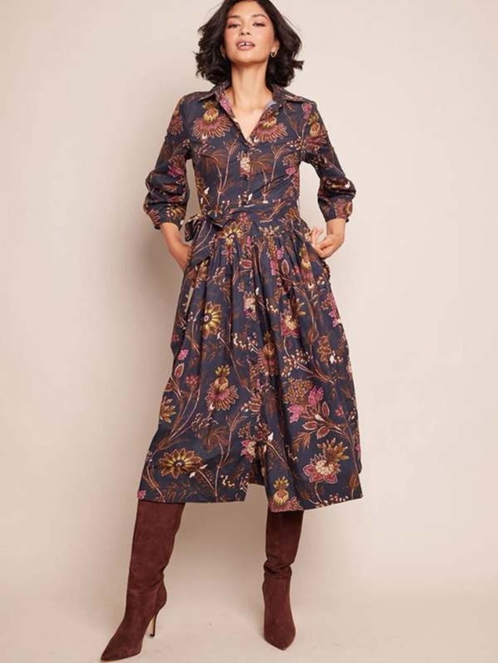 NWT Cara Cara The Raya Midi Shirt Dress in Blue Vint Bloom USSz2
